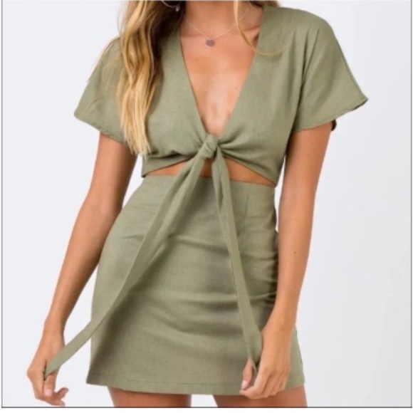 Princess Polly | Dresses | Princess Polly Kiss Land Tie Front Mini Dress  Khaki | Poshmark